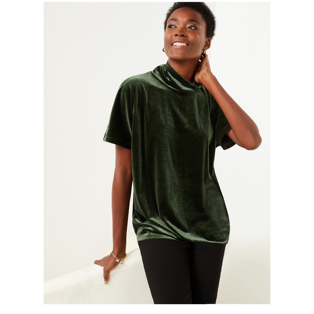 C.Wonder Women’s Stretch Velvet Top with Short Sleeves Mock Neck